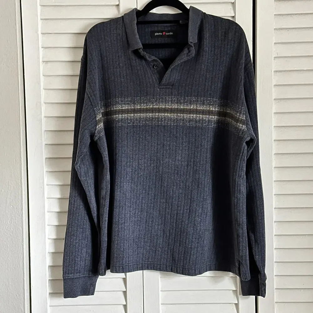 Pierre Cardin Ribbed Polo Long Sleeve M Striped Classic Casual Fall Winter